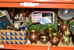 TWO BOXES AND LOOSE METAL WARES, PICTURES, RECORDS AND SUNDRY ITEMS, to include a copper based oil
