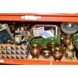 TWO BOXES AND LOOSE METAL WARES, PICTURES, RECORDS AND SUNDRY ITEMS, to include a copper based oil