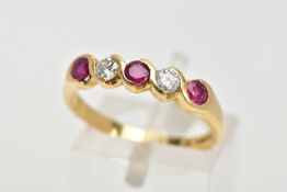 AN 18CT GOLD RUBY AND DIAMOND HALF ETERNITY RING, designed with three circular cut rubies,