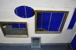 TWO GILT FRAMED BEVELLED EDGE WALL MIRROR, 113cm x 88cm, a smaller gilt framed mirror, and three