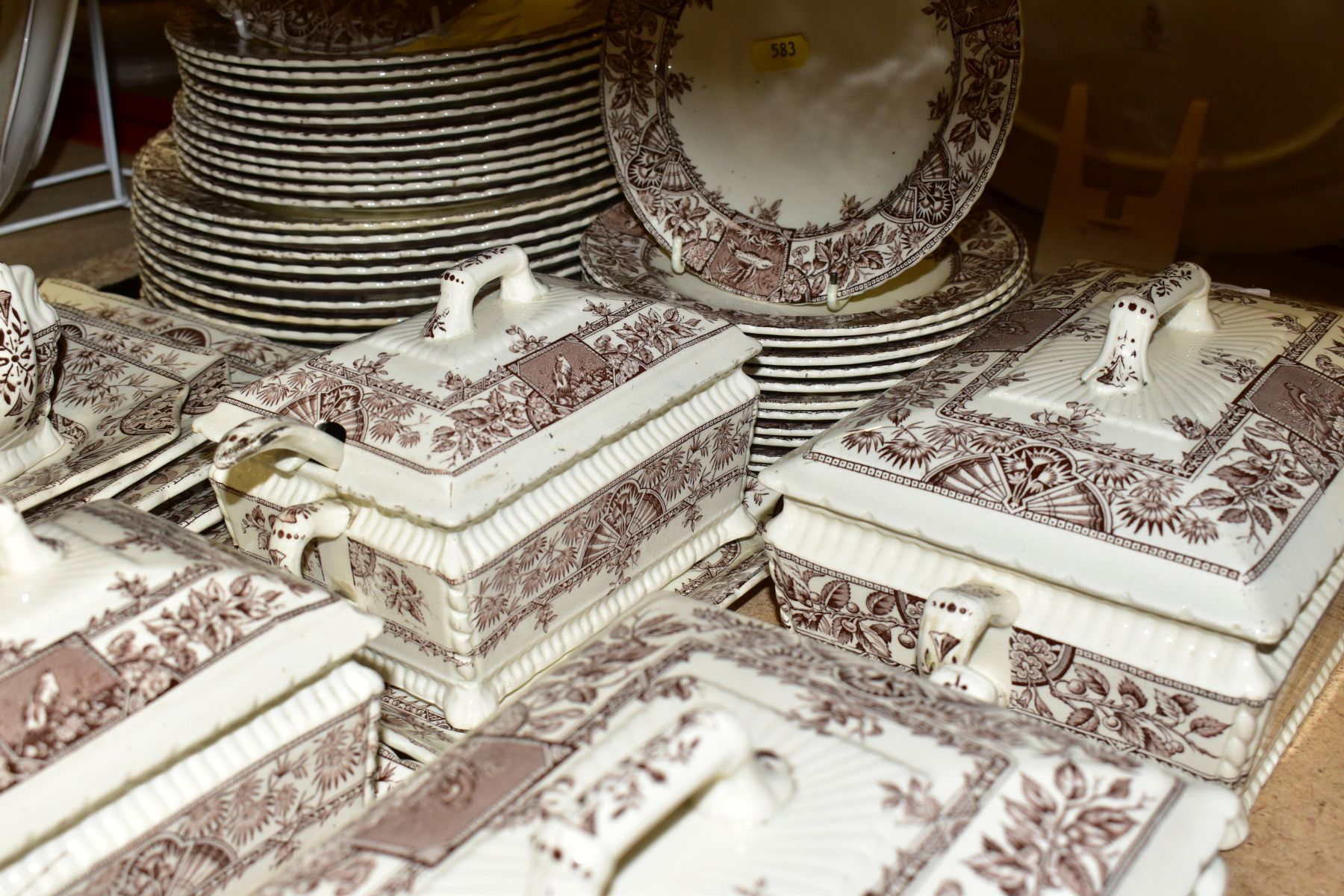 A LATE VICTORIAN EARTHENWARE DINNER SERVICE TRANSFER PRINTED IN BROWN WITH AN AESTHETIC STYLE DESIGN - Image 13 of 14