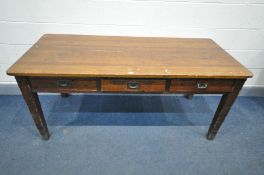 A LATE 19TH/EARLY 20TH CENTURY STAINED PINE DESK/TABLE, with a replaced mahogany top, and three