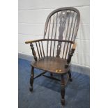 A LATE 19TH/EARLY 20TH CENTURY ELM AND MAHOGANY WINDSOR ARMCHAIR (condition:-rickety joints)