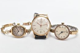 THREE WATCHES, to include a 9ct gold cased 'Lanco' wristwatch, hand wound movement, round cream dial
