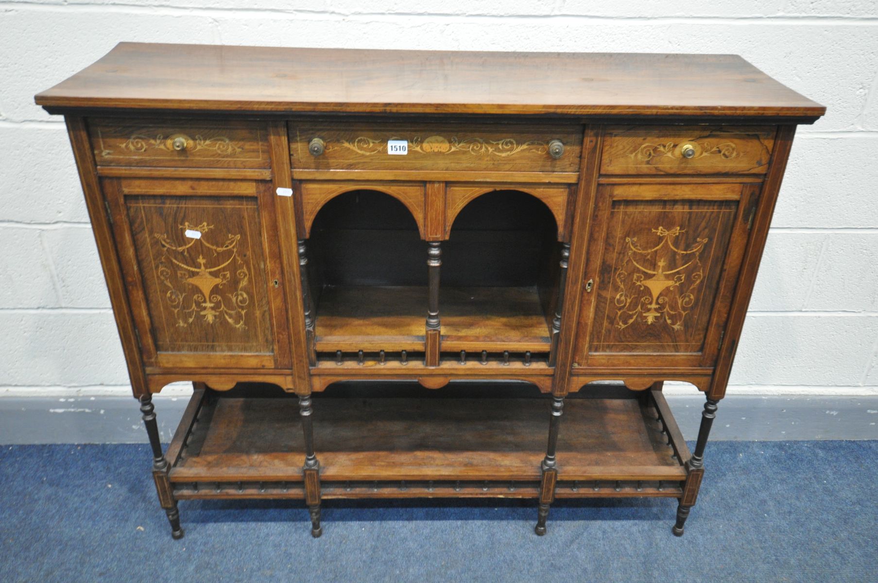 A 19TH CENTURY ROSEWOOD AND MARQUETRY INLAID SIDEBOARD, with an arrangement of drawers and