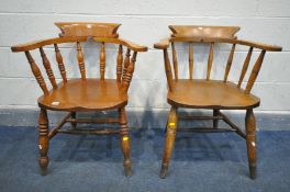 TWO EARLY 20TH CENTURY ELM AND BEECH BOW TOP SMOKERS CHAIRS, with dish seats