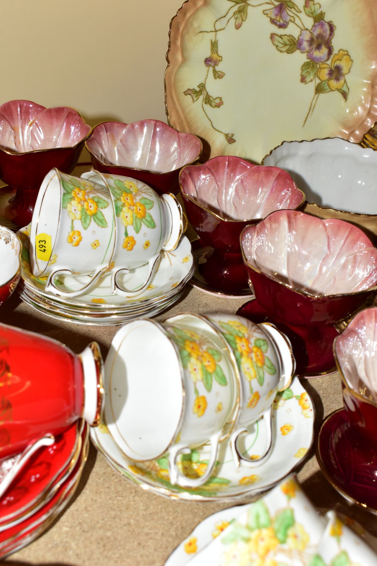 A SET OF SIX MALING RED LUSTRE SUNDAE DISHES AND THREE PART TEA SETS, comprising a fourteen piece - Image 12 of 14