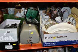 FOUR BOXES AND LOOSE CERAMICS, GLASS, CUTLERY, VINTAGE PROJECTOR AND SUNDRY ITEMS, to include a