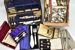 A BOX OF ASSORTED CULTERY, to include an incomplete canteen of cutlery, a cased two piece EP spoon