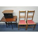 AN EDWARDIAN MAHOGANY SUTHERLAND TABLE, along with a pair of Edwardian chairs and a storage stool (
