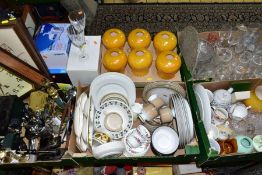 FIVE BOXES AND LOOSE CERAMICS, GLASS, RECORDS, METAL WARES AND SUNDRY ITEMS, to include a thirty