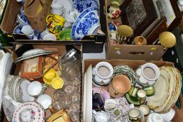 FOUR BOXES OF CERAMICS, GLASS AND PICTURES ETC, to include seven Booths kidney shaped dishes,