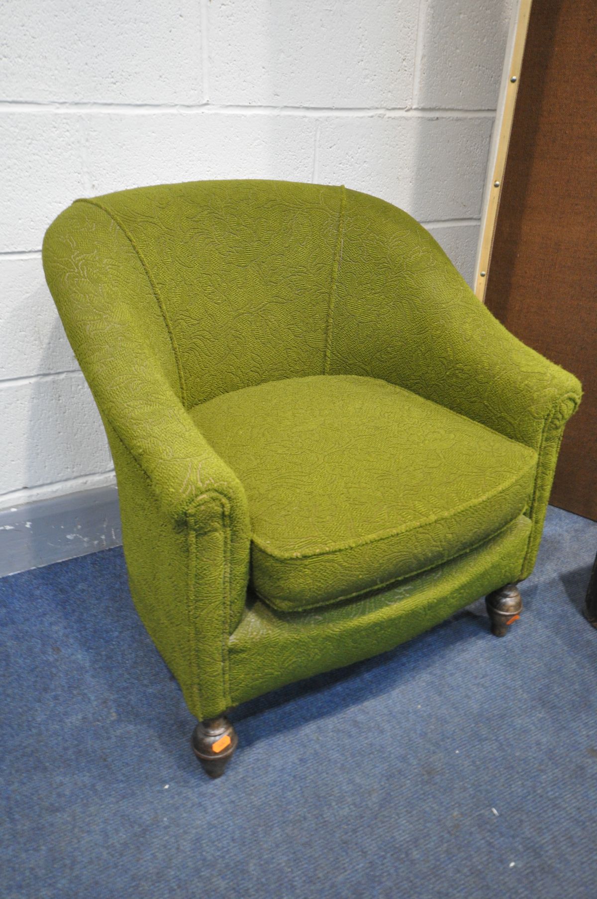 AN EARLY 20TH CENTURY TUB CHAIR with green upholstery, along with a folding floor standing screen - Image 2 of 2