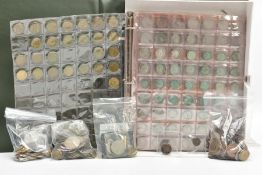 A PLASTIC FILE CASE CONTAINING MIXED WORLD COINS, to include UK silver coinage of florins,