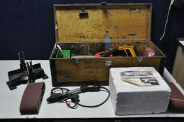 A WOODEN TOOLBOX containing a small collection of tools, along with a TP-50 60 amp repayment