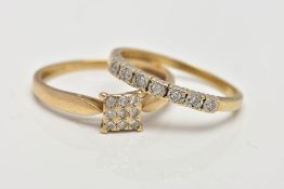 TWO YELLOW METAL DIAMOND RINGS, the first designed with a square mount set with nine round brilliant