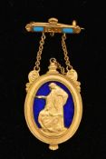 A 9CT GOLD AND ENAMEL MASONIC FOB BROOCH, a gold oval frame depicting a kneeling man and a robed