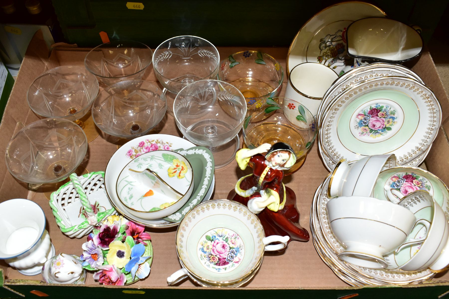 FIVE BOXES OF ART DECO DINNER SERVICE, CERAMICS, GLASS, METALWARES, MINIATURE BOTTLES AND SUNDRY - Image 3 of 16