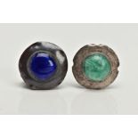 TWO ARTS AND CRAFTS BROOCHES, white metal circular brooches one with a circular blue enamel