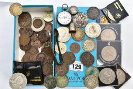 A BOX OF ASSORTED COINS AND SILVER ITEMS, to include a pair of silver sugar tongs, fiddle pattern