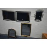 TWO VARIOUS SILVER FRAMED MIRRORS, along with a gilt framed mirror, a scrolled metal framed mirror