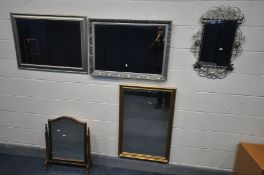 TWO VARIOUS SILVER FRAMED MIRRORS, along with a gilt framed mirror, a scrolled metal framed mirror