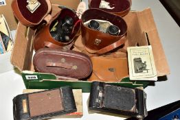 A BOX OF VINTAGE CAMERAS AND BINOCULARS, comprising an Eastman Kodak Co, No.1 Pocket Kodak camera