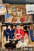 TWO BOXES OF PELHAM AND OTHER PUPPETS, PUPPET /DOLLS FURNITURE AND ACCESSORIES, to include ten