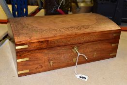 A MODERN INDIAN BRASS INLAID HARDWOOD DOME TOP RECTANGULAR WORK BOX, the interior with lift out