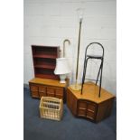 A MID CENTURY NATHAN TEAK TV CABINET, with a fall front door and a matching corner cabinet, along