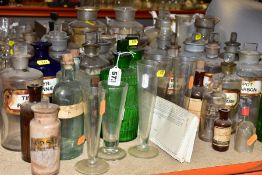 A COLLECTION OF ASSORTED CLEAR AND COLOURED GLASS PHARMACY JARS AND BOTTLES, ETC, including items