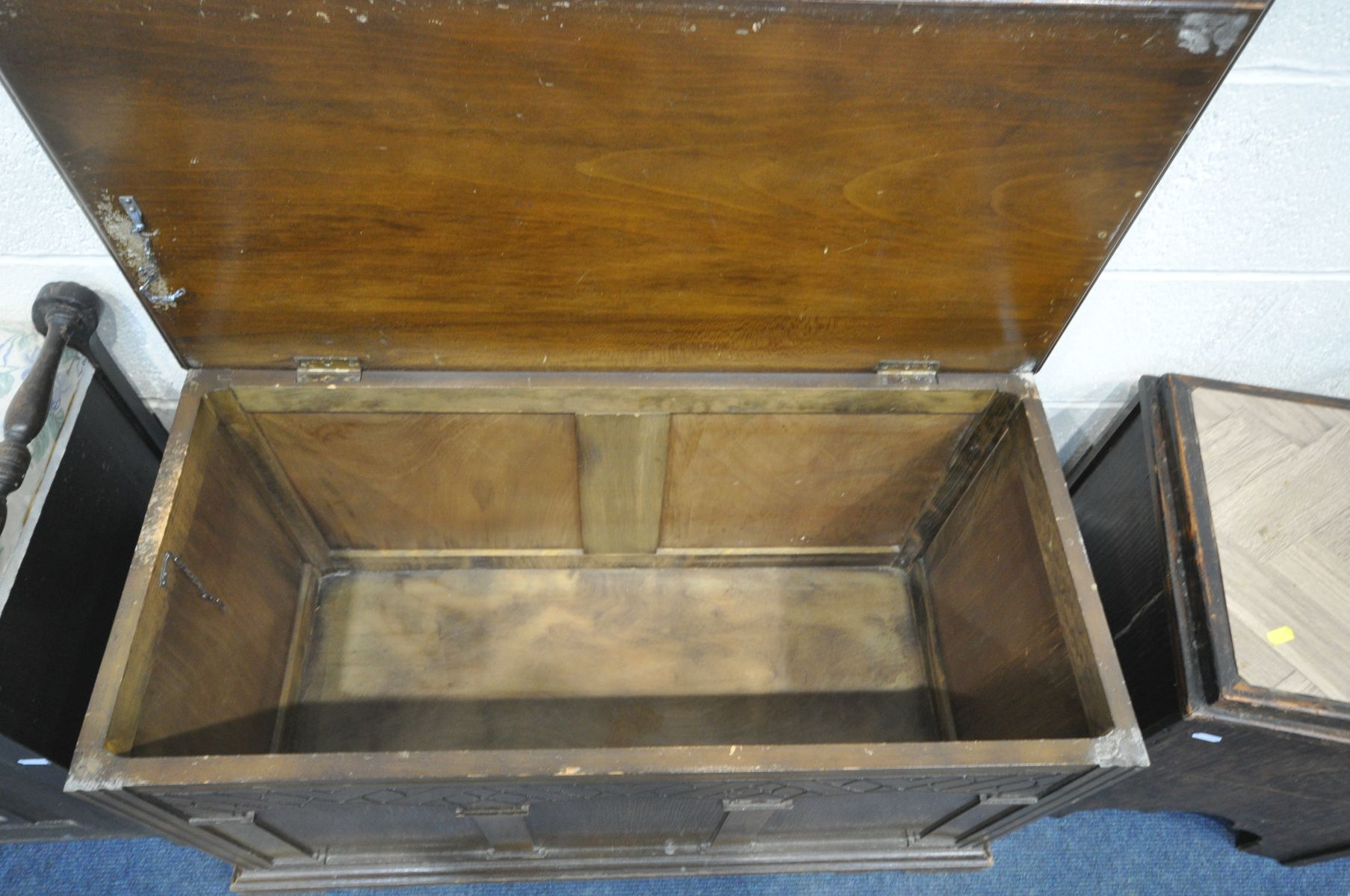 AN OAK BLANKET CHEST, an Edwardian mahogany piano, beech tea trolley and an oak storage box (4) - Image 3 of 3