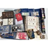 TWO BOXES OF MIXED WORLD COINAGE SOME HOUSED IN ALBUMS, to include 43 x Anco uncirculated modern