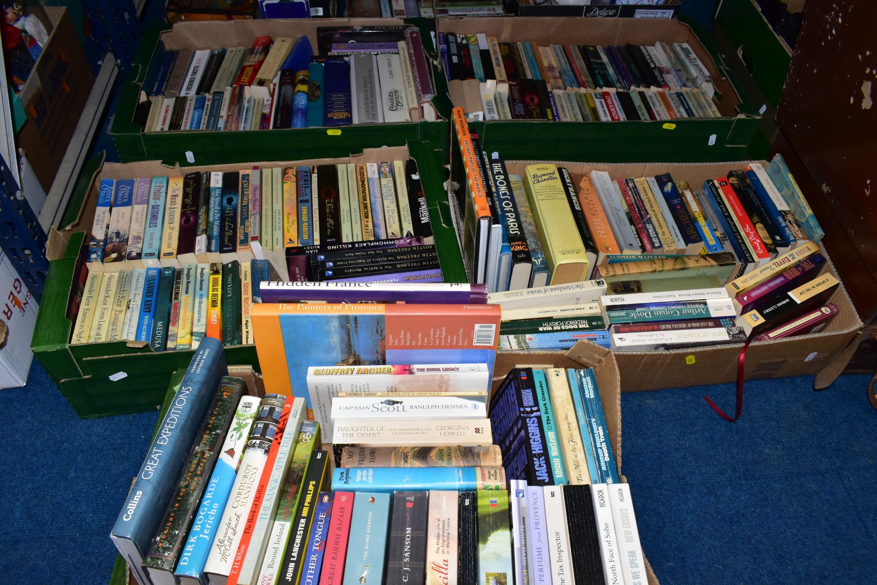 FIVE BOXES OF BOOKS, approximately two hundred books with titles to include fiction, railways,