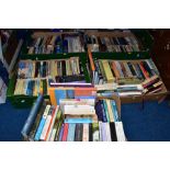 FIVE BOXES OF BOOKS, approximately two hundred books with titles to include fiction, railways,