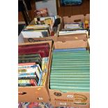 FOUR BOXES OF BOOKS AND DVDS, approximately seventy books with titles to include gardening,