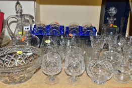 A QUANTITY OF ASSORTED CLEAR GLASSWARE, including an onion shaped water jug, a boxed decanter and