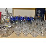 A QUANTITY OF ASSORTED CLEAR GLASSWARE, including an onion shaped water jug, a boxed decanter and