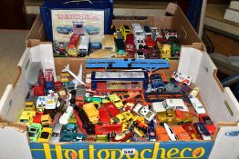 TWO BOXES OF PLAYWORN DIE CAST VEHICLES, with two Matchbox collector's mini-cases to include