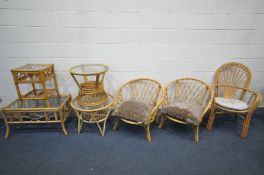 A SELECTION OF WICKER FURNITURE, to include a pair of tub chairs, armchair and four occasional/