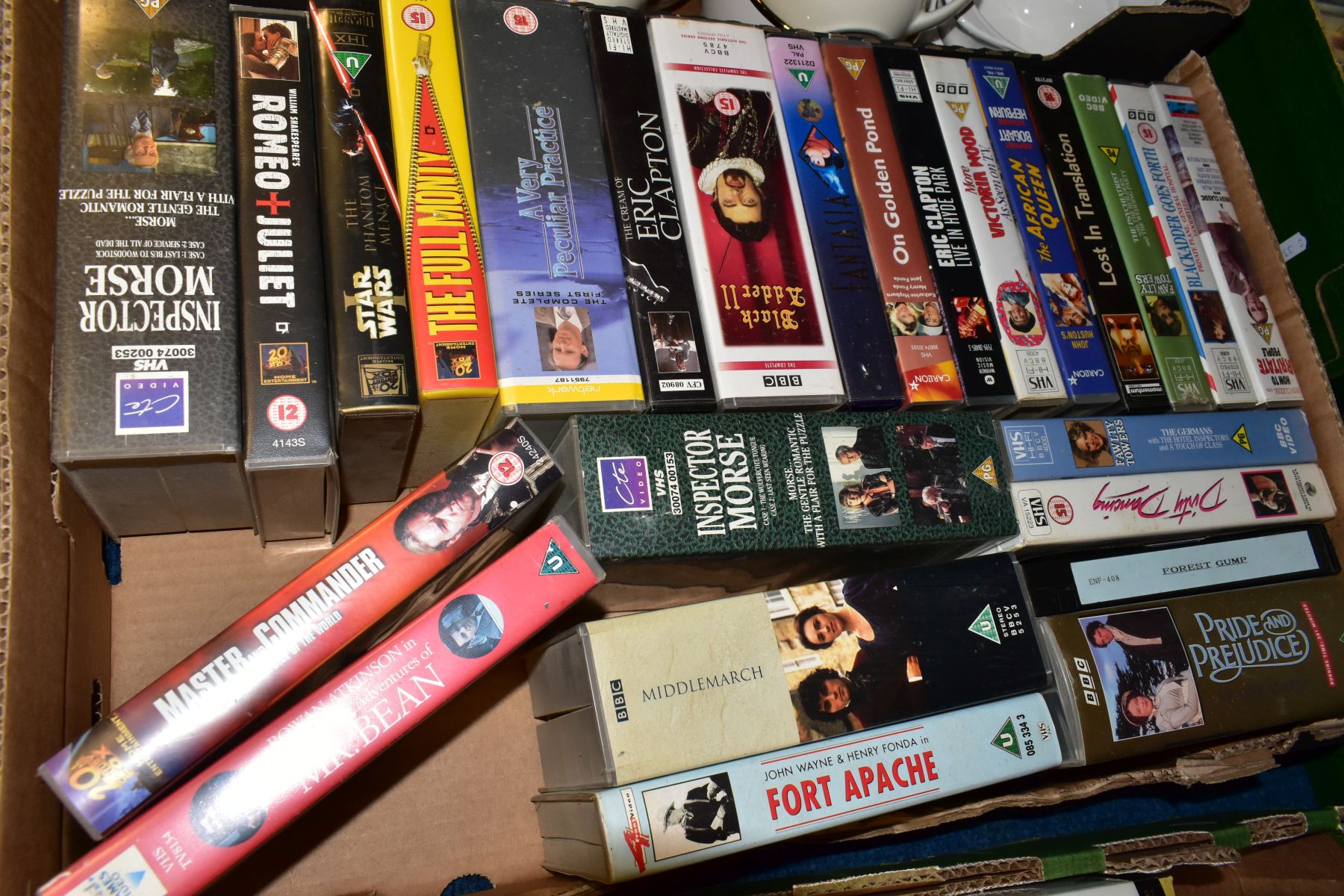 FIVE BOXES OF CERAMICS, DVDS, VHS CASETTES AND SHEET MUSIC, including a presentation tin Of Royal - Image 12 of 12