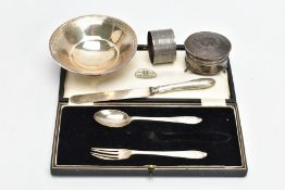 A BOX OF ASSORTED SILVER ITEMS, to include a signed box 'James Porter & Son' incomplete silver