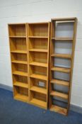 TWO SLIM PINE EFFECT OPEN BOOKCASES, and a bespoke open bookcase (3)