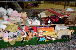 SIX BOXES AND LOOSE TREEN, CHRISTMAS DECORATIONS, SOFT TOYS AND SUNDRY ITEMS, to include a musical