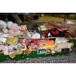 SIX BOXES AND LOOSE TREEN, CHRISTMAS DECORATIONS, SOFT TOYS AND SUNDRY ITEMS, to include a musical