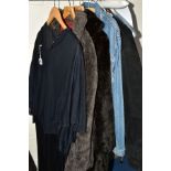 SIX ITEMS OF MEN'S AND LADIES' CLOTHING, to include a brown/black fur coat, a vintage Barbour's of