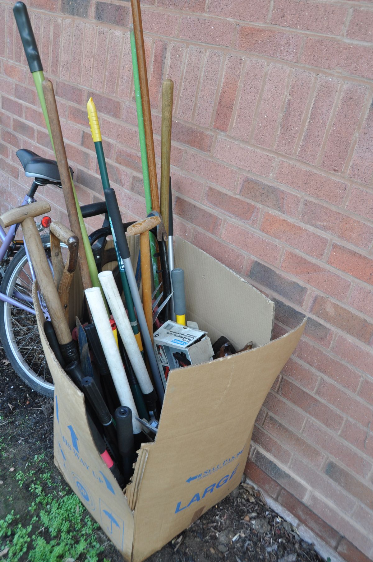 A BOX CONTAINING A QUANTITY OF GARDEN TOOLS including spades , rakes, clippers etc