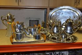 A GROUP OF PLATED AND OTHER METALWARES, to include a five piece Oneida tea set, stamped to base, a