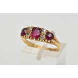 A 18CT GOLD RUBY AND DIAMOND RING, three cushion cut rubies set with four old cut diamonds in a