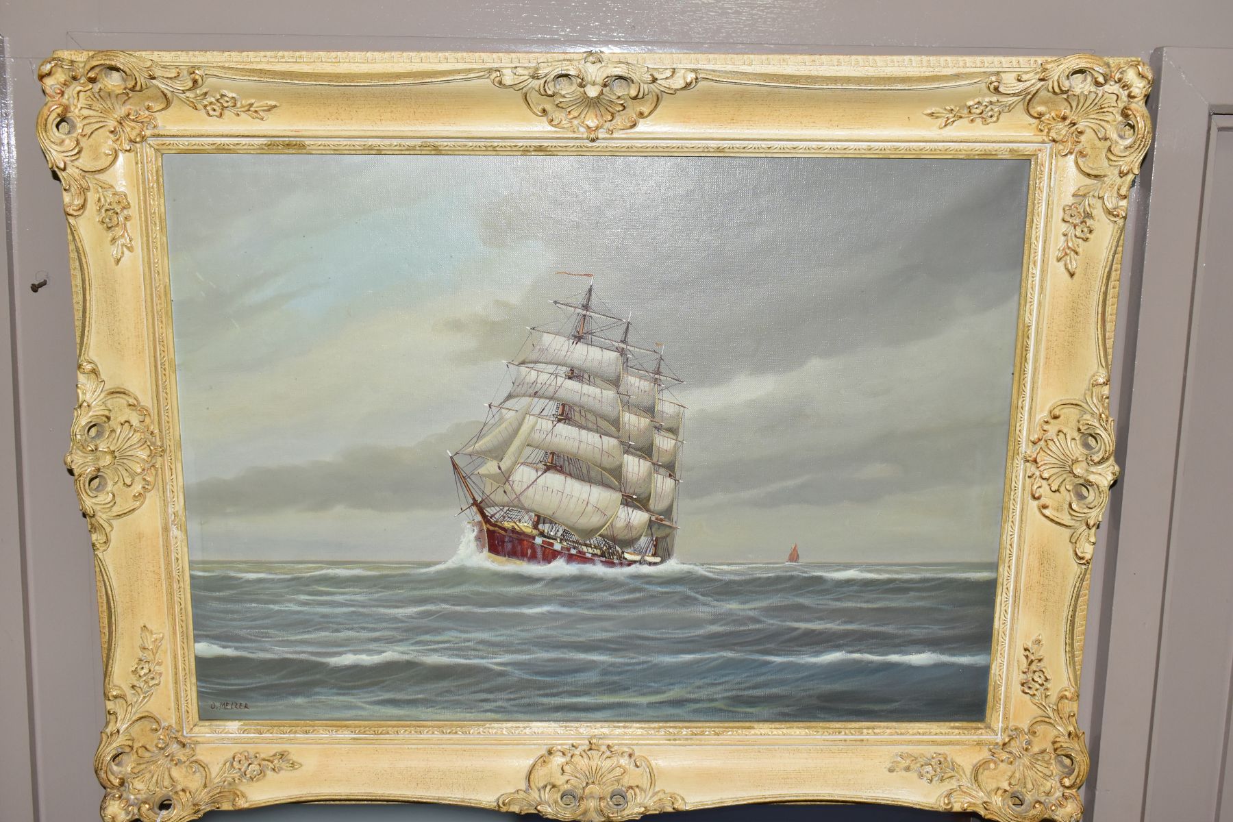 O MELZER (20TH CENTURY), A THREE MAST SQUARE RIGGED SHIP IN FULL SAIL, signed bottom left, oil on - Image 7 of 11